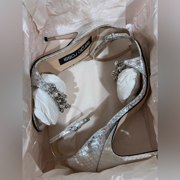 Silver Sergio Rossi chain heel sandals with Python print ankle tie heel sandals - Picture 9 of 13
